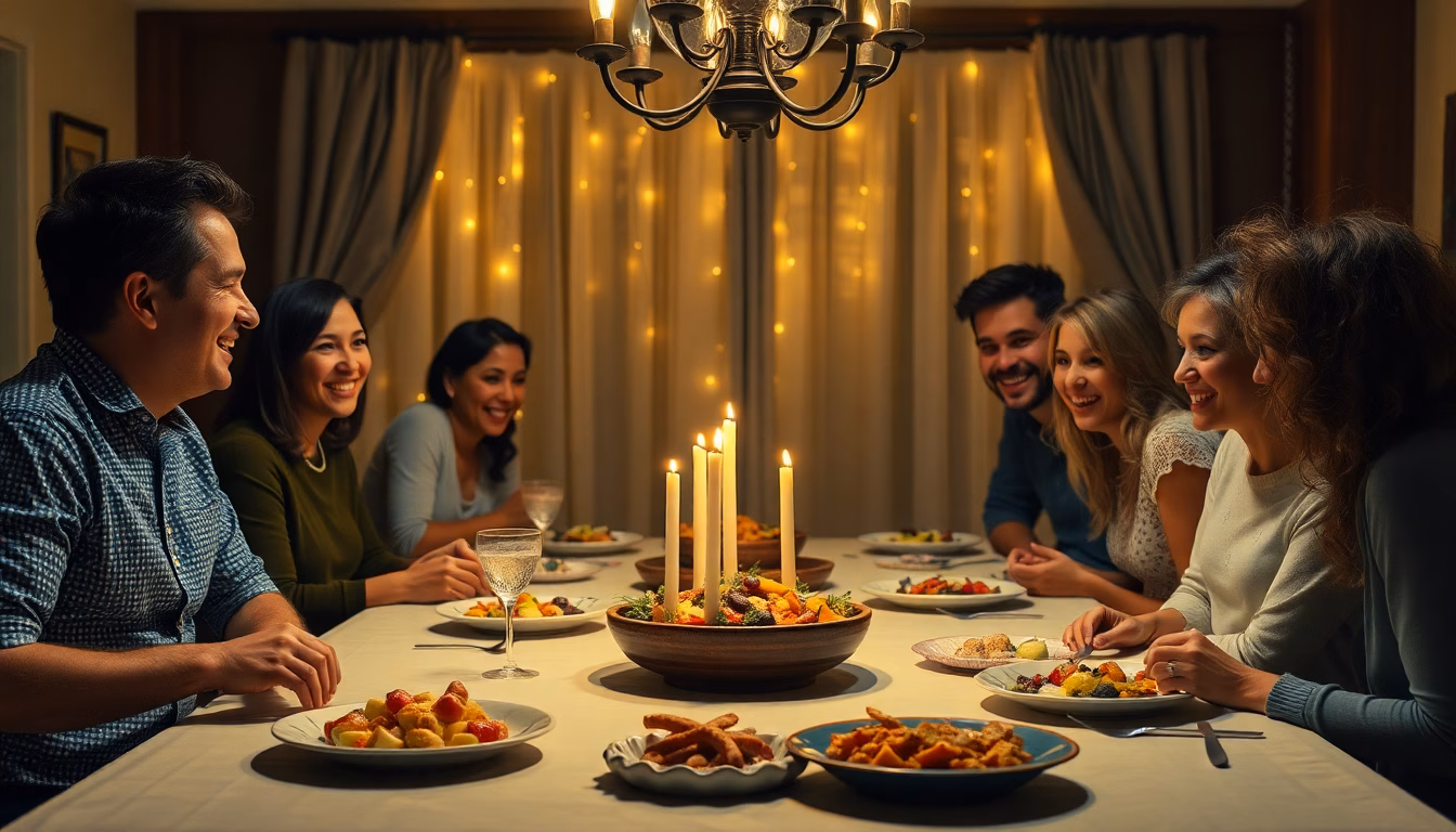 Une famille souriante partageant un plat savoureux