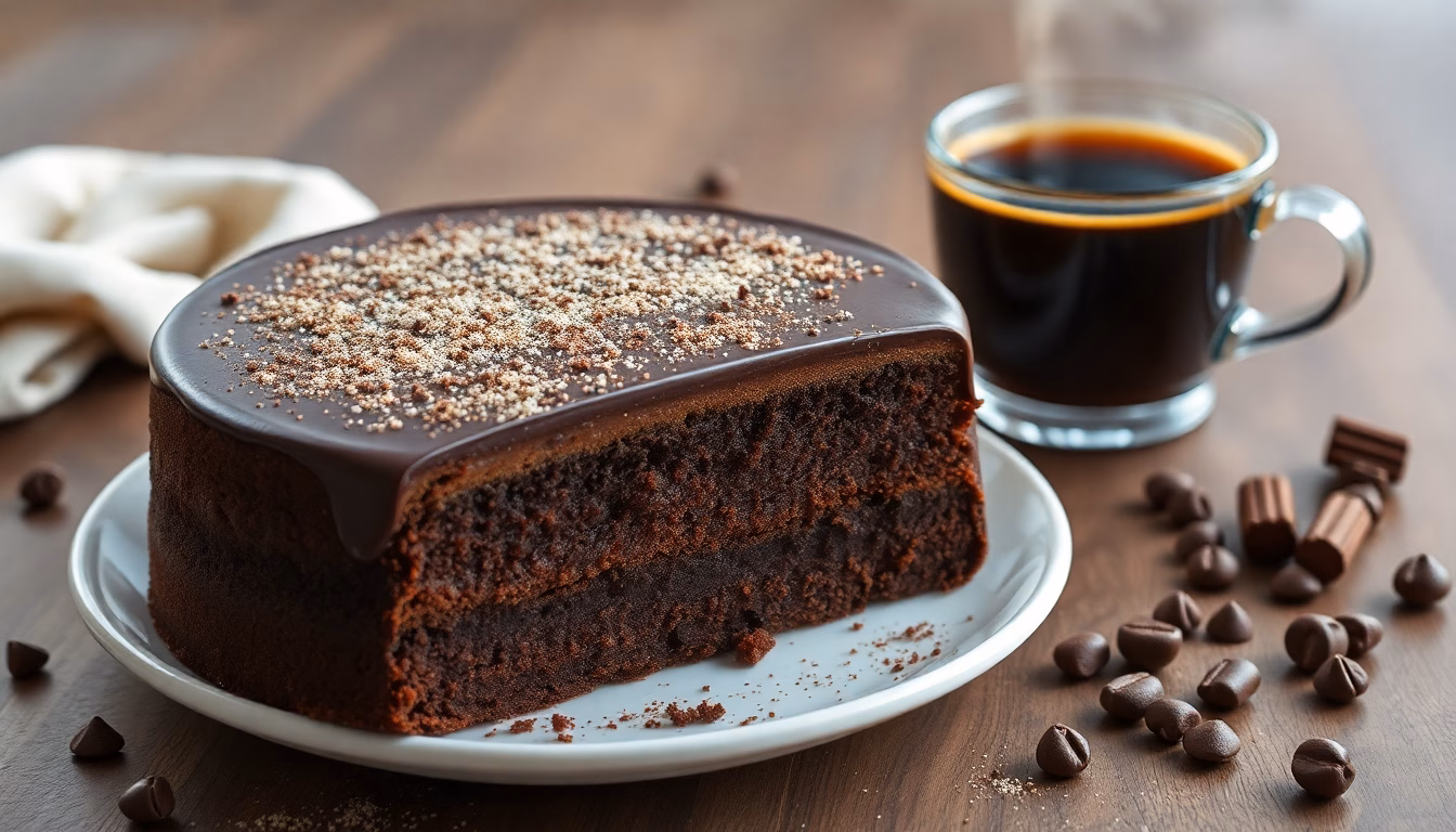 Une tasse de marc de café à côté d'un délicieux gâteau au chocolat maison.