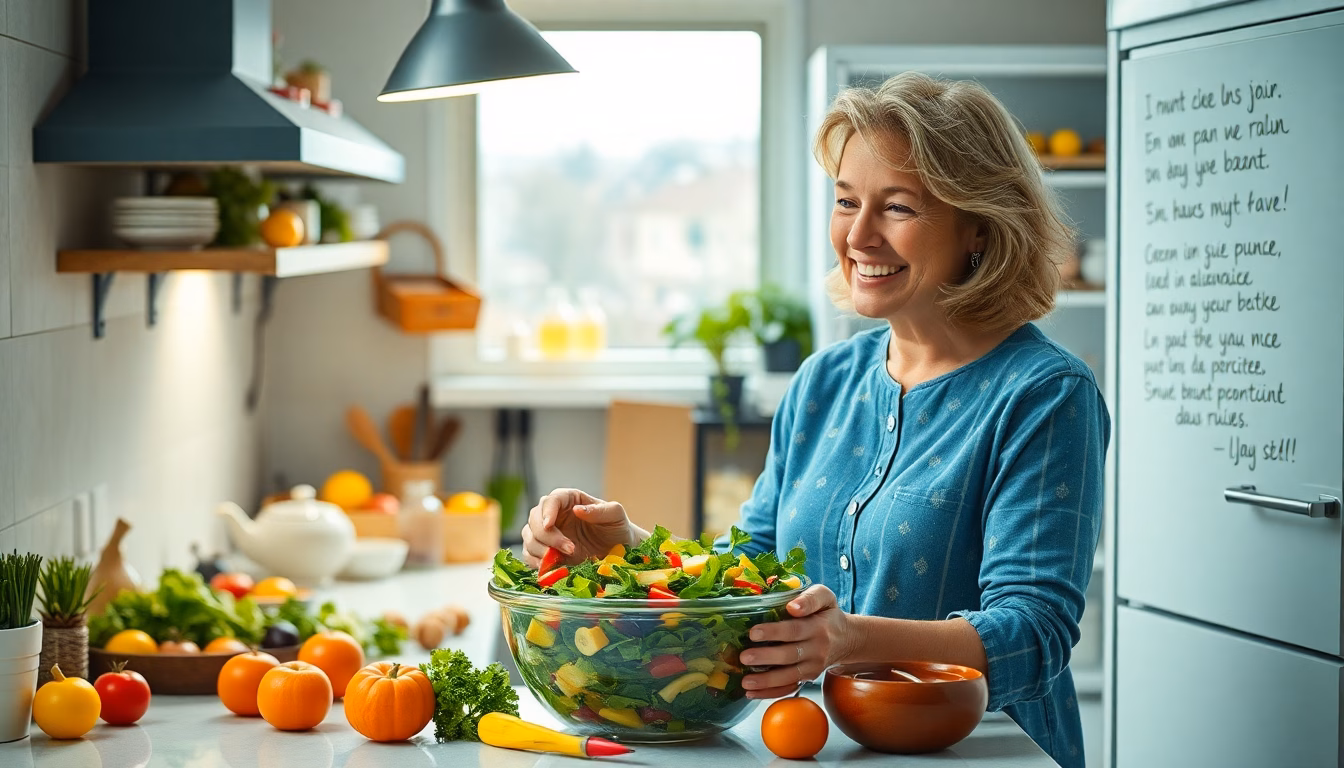 Personne souriante cuisinant librement dans une cuisine lumineuse