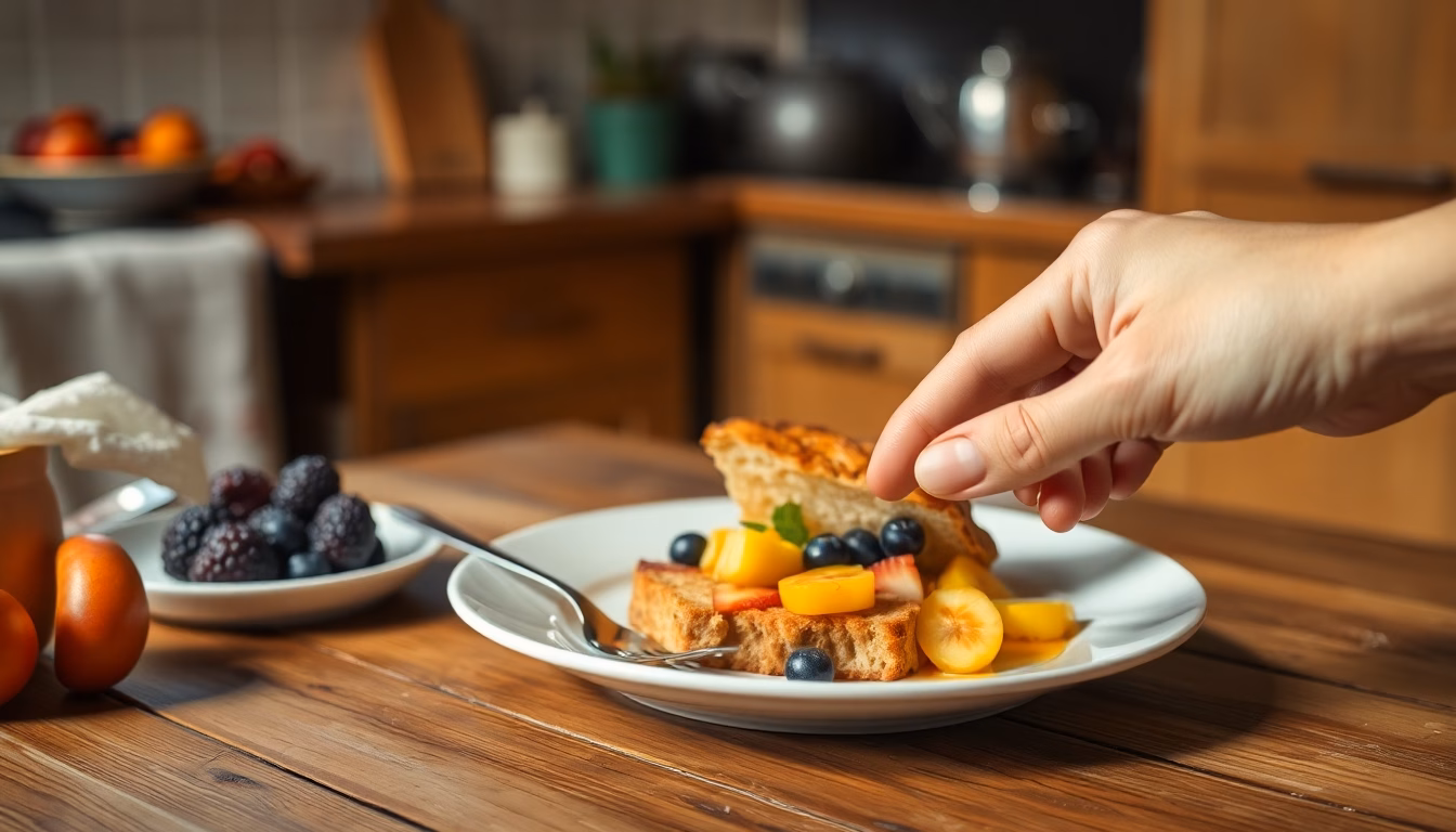 Pain perdu doré sur une assiette, décoré de fruits frais