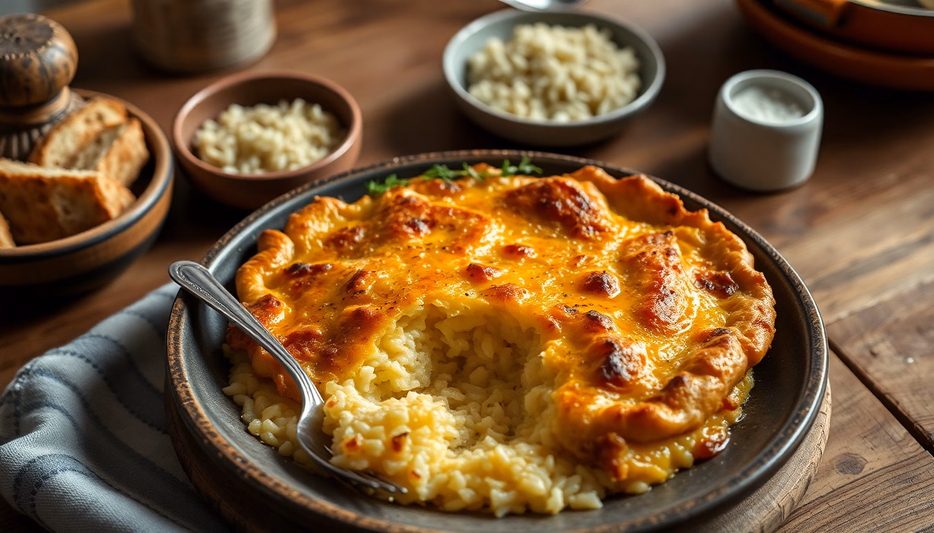 Gratin de riz crémeux et doré, servi chaud dans un plat