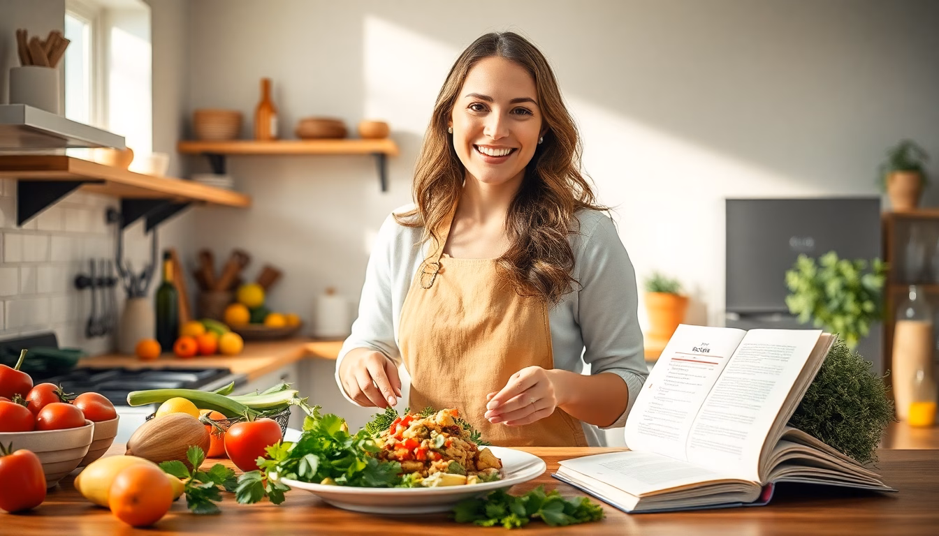 Personne souriante cuisinant librement dans une cuisine