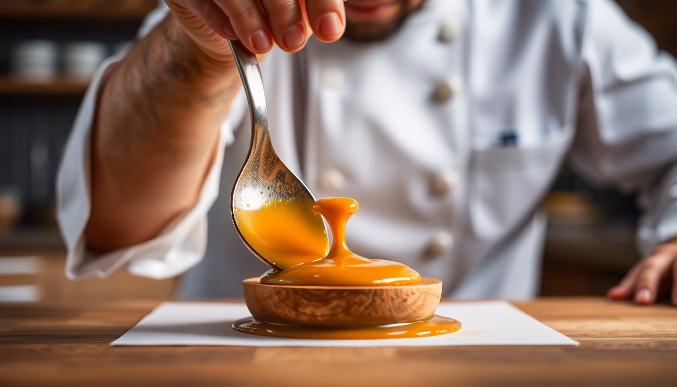 Une louche versant une sauce onctueuse et brillante dans une casserole, symbolisant la perfection culinaire.