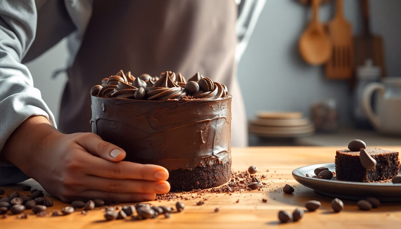 Une part de gâteau au chocolat moelleux, parsemée de quelques grains de marc de café.