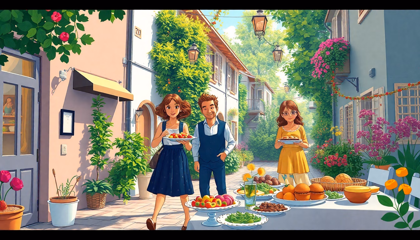 Des voisins partageant des plats divers lors d'un repas en extérieur.