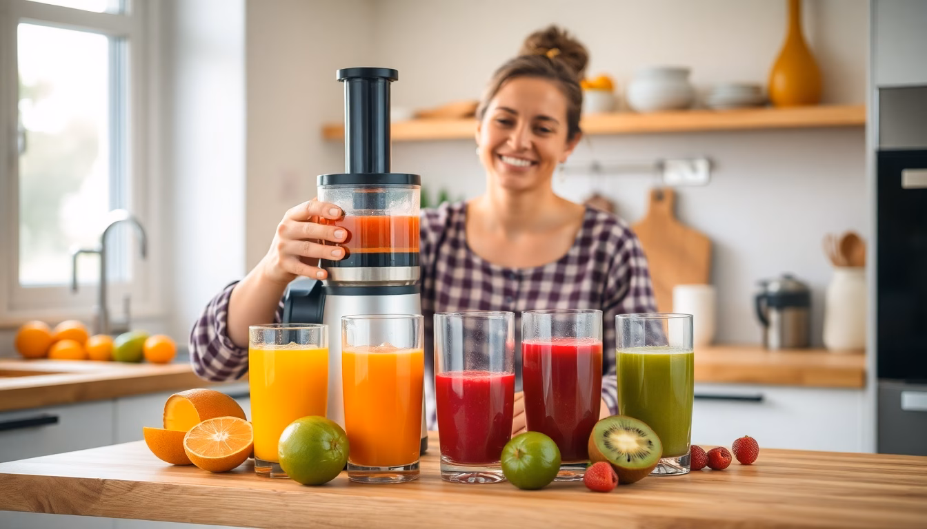 Un verre de jus de fruits frais pressés, entouré de fruits variés et d'une étiquette promotionnelle.