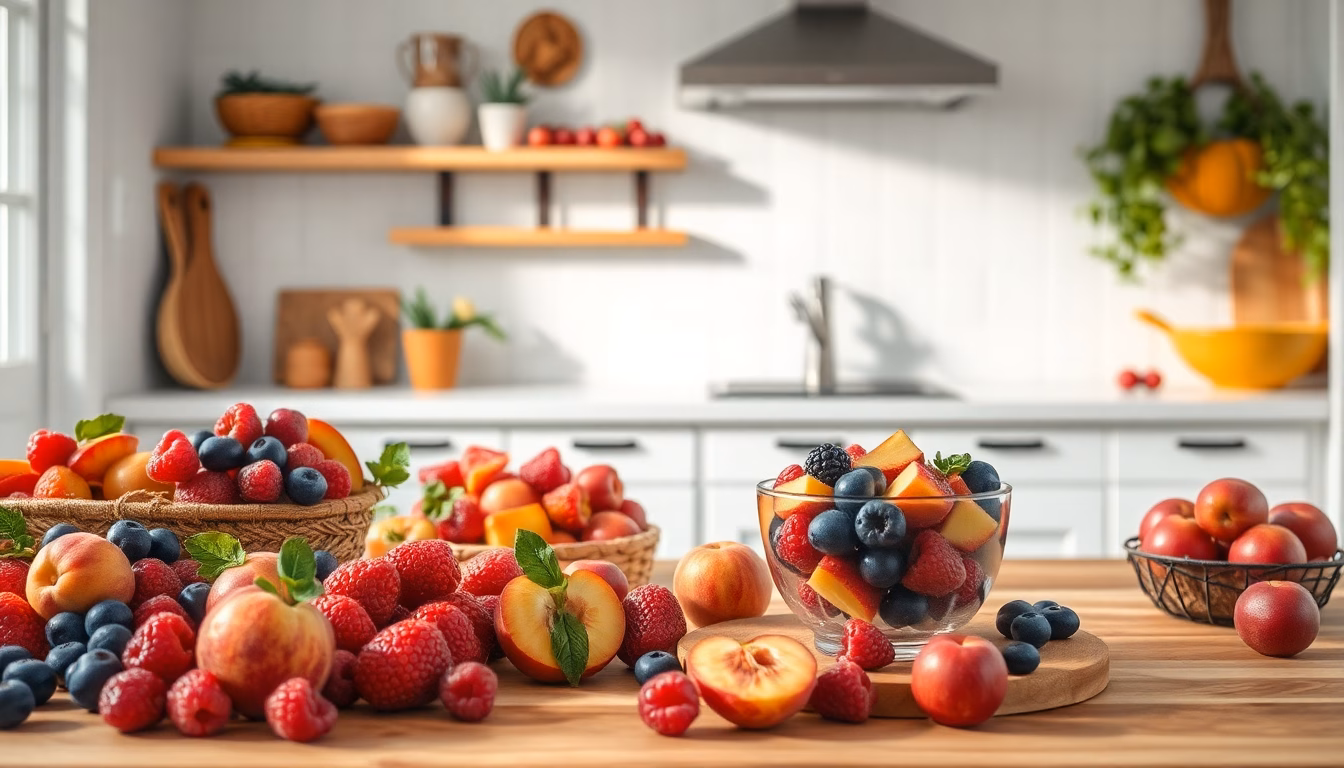 Panier rempli de fruits frais variés (fraises, myrtilles, framboises) avec une étiquette indiquant une promotion.