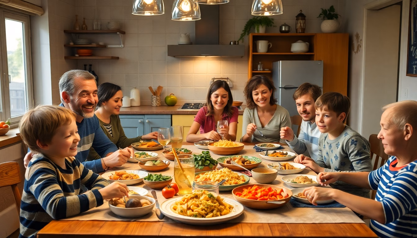 Famille souriante partageant un dîner convivial préparé avec des restes