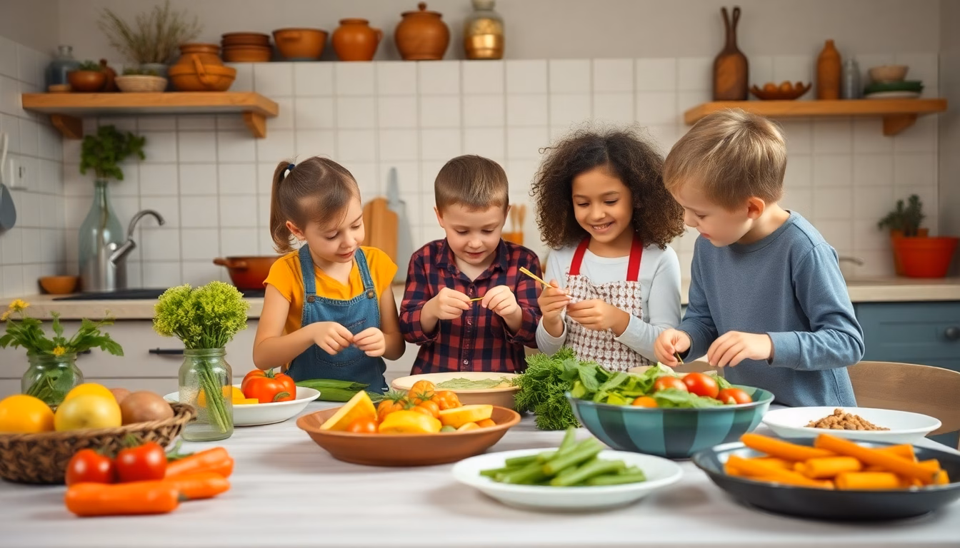 Une famille réunie autour d'une table dressée avec un plat convivial