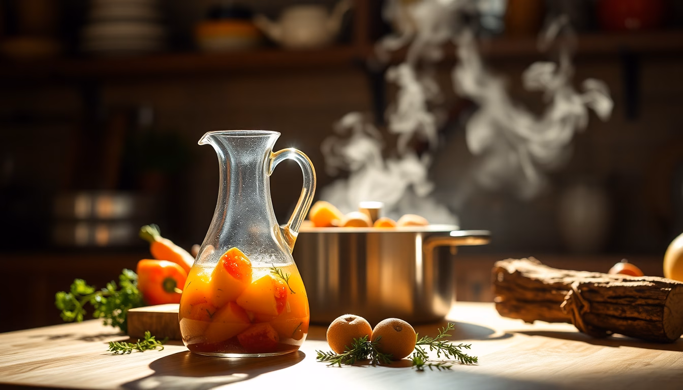 Eau de cuisson de légumes utilisée pour préparer un bouillon savoureux