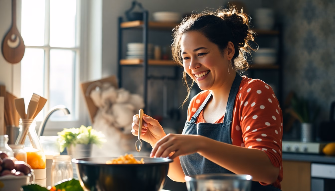 Une personne souriante cuisinant avec aisance et plaisir.