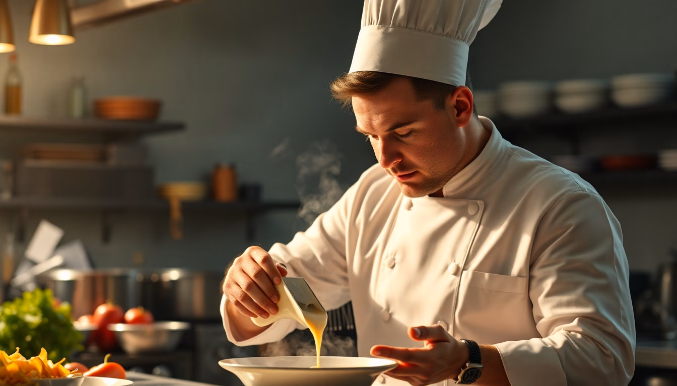 Sauce crémeuse versée sur un plat gastronomique