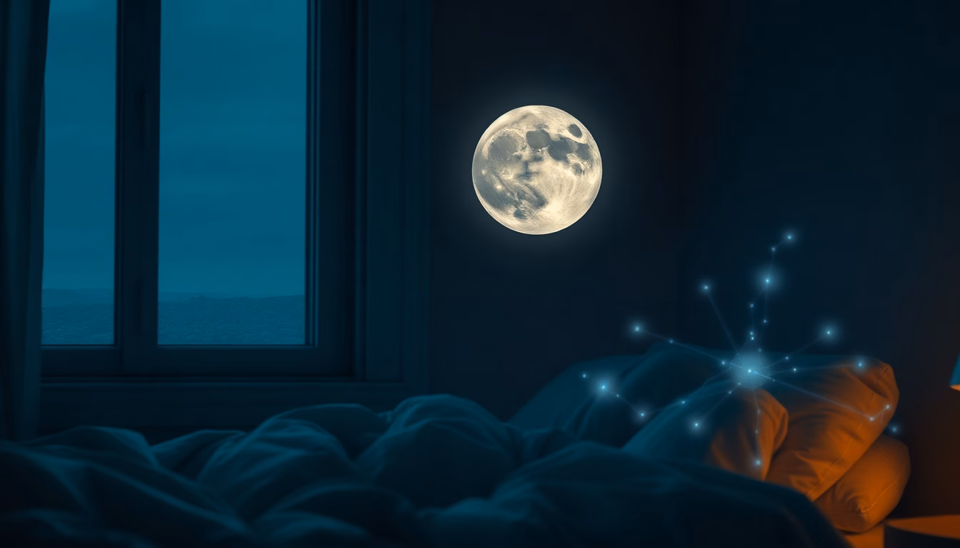 Une image évocatrice d'une pleine lune brillante dans le ciel nocturne, au-dessus d'un paysage endormi.