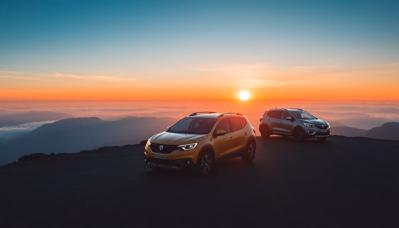 Une nouvelle voiture Dacia sur fond de paysage.
