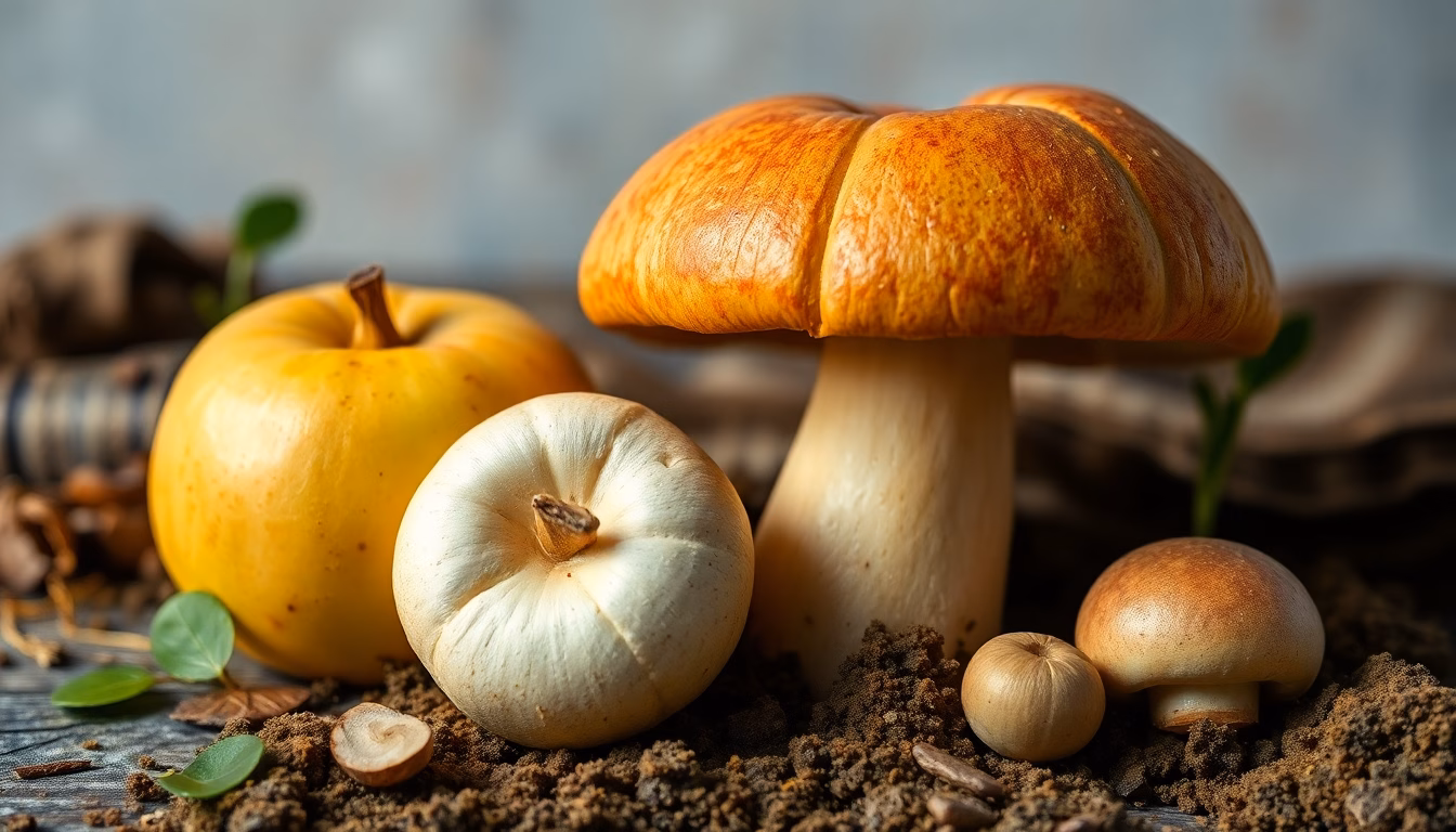 Une table garnie de diverses variétés de pommes et de champignons lors de l'exposition La Pomme et le Champignon à Boismont.