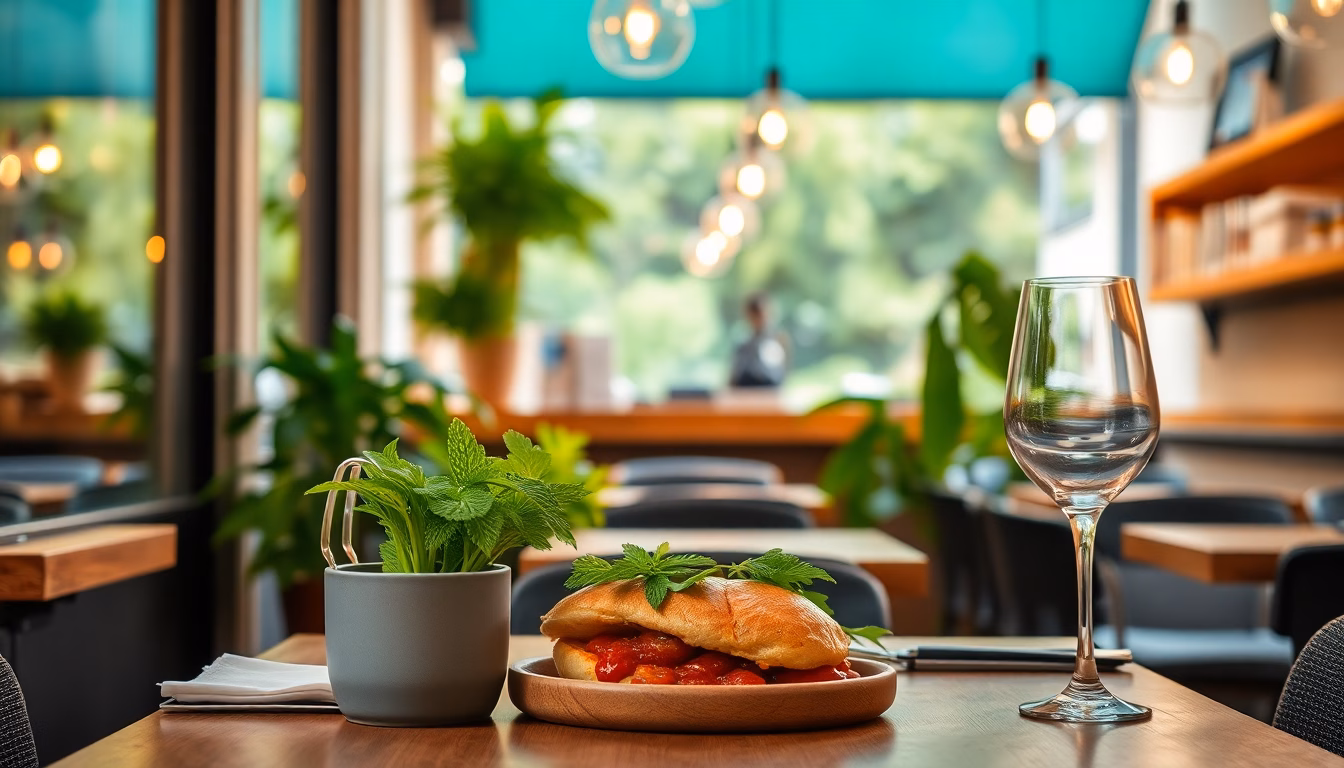 Vue extérieure d'un restaurant moderne avec une pancarte indiquant 'Les saveurs de Jalles', ambiance conviviale suggérée.