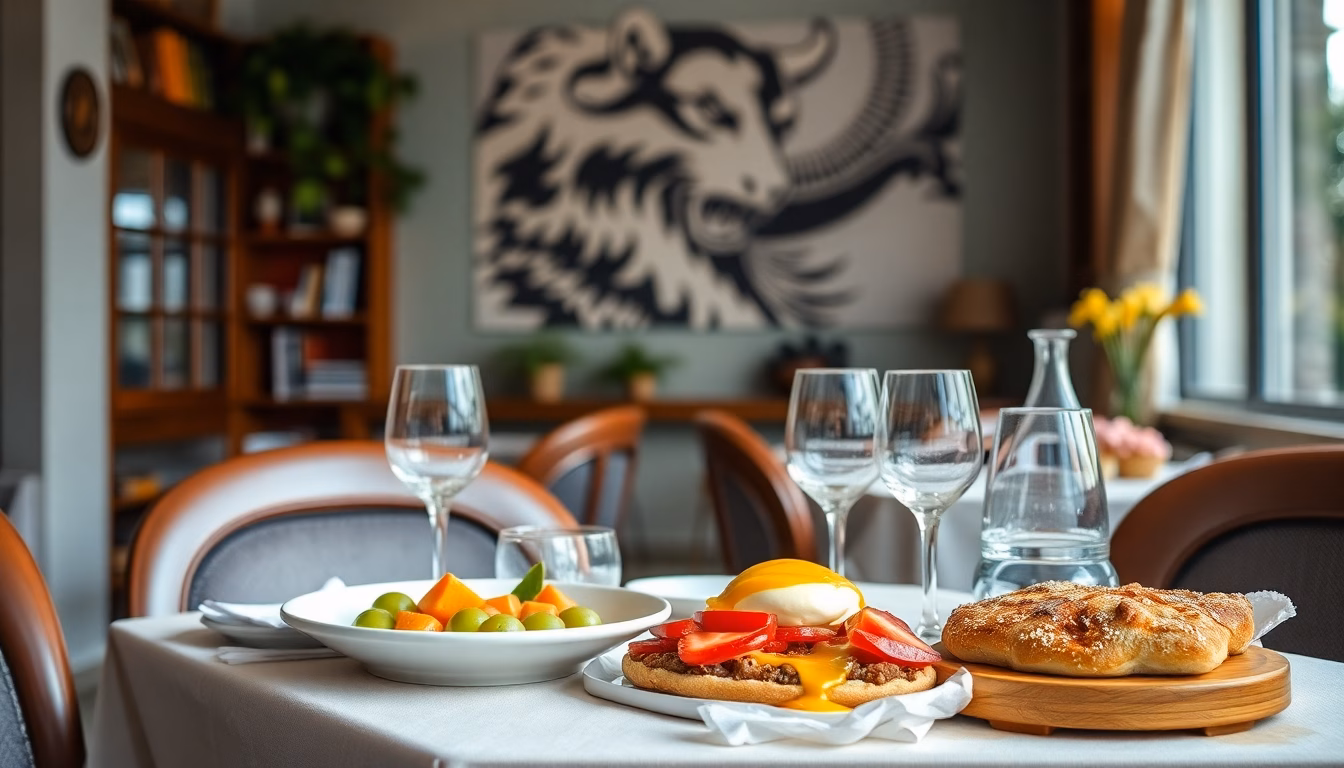 Vue d'une salle de restaurant accueillante avec des tables dressées pour un brunch, et un espace jeux pour enfants visible en arrière-plan.