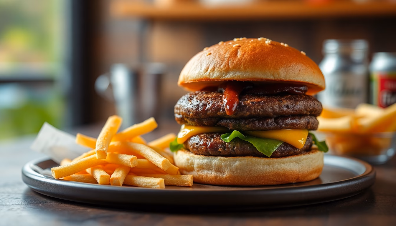 Un burger de Five Guys présenté sur un plateau.