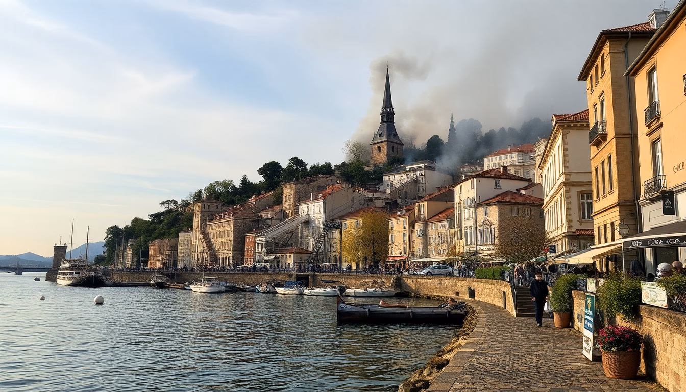 ville en feu avec pompiers