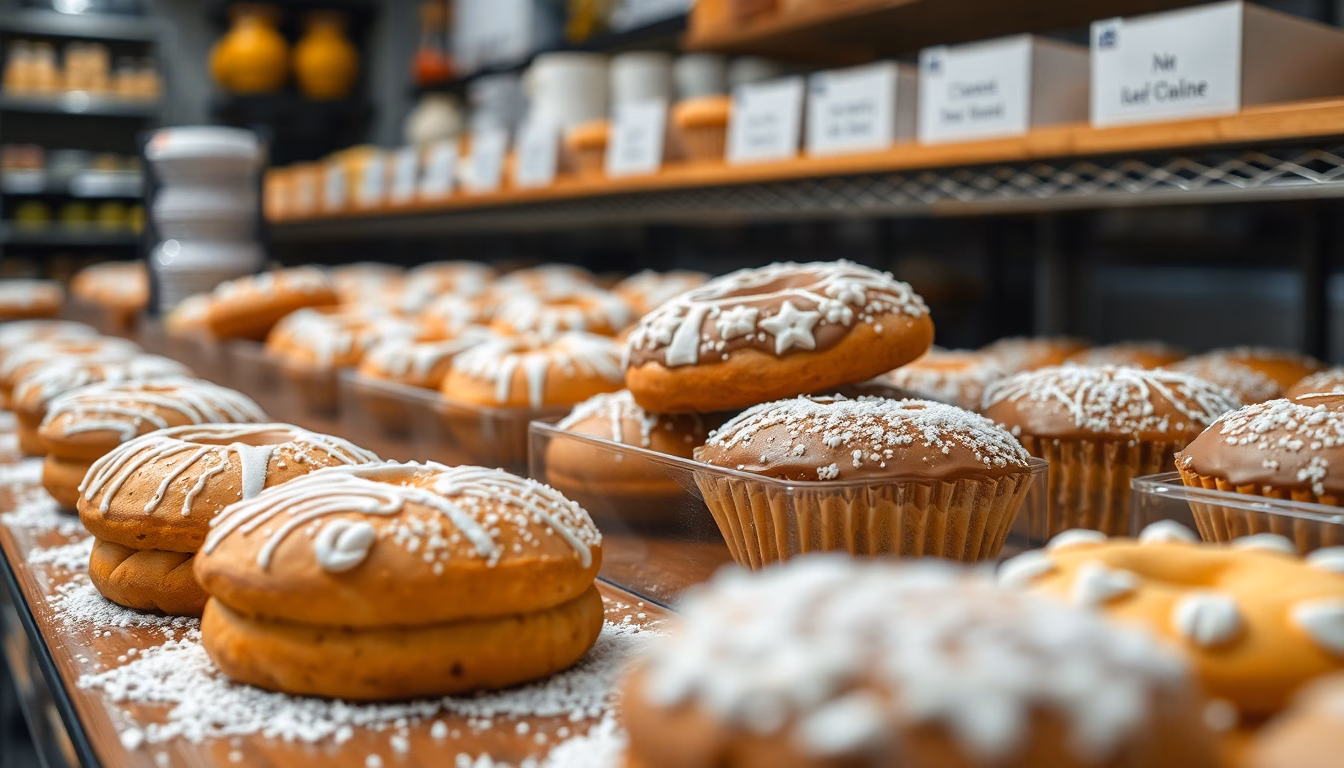 Vitrine de la pâtisserie Quesnel à Périers avec des gâteaux et viennoiseries