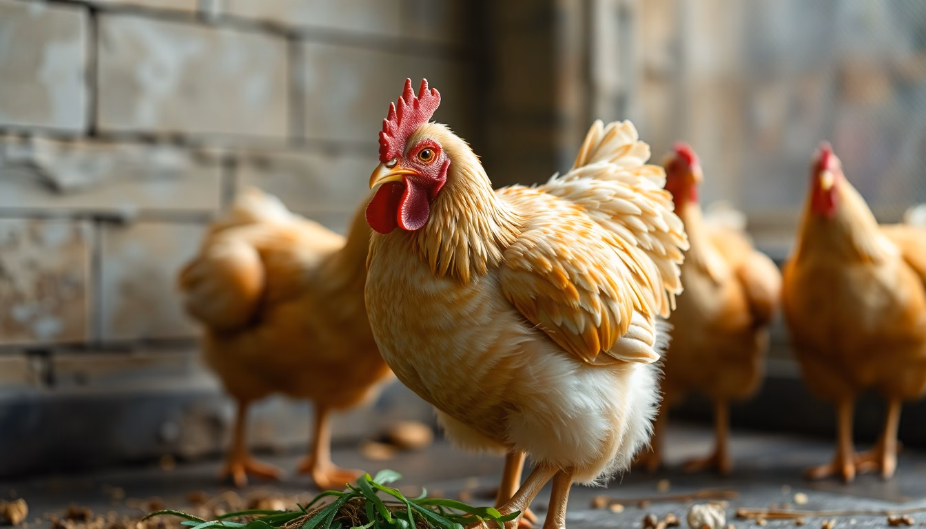 Main inspectant un poulet cru avec une loupe et une alerte