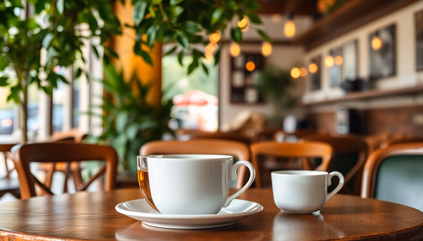 Intérieur cosy du salon de thé « Le Coeur du Bien Être » aux Andelys, avec tables dressées et décorations chaleureuses.