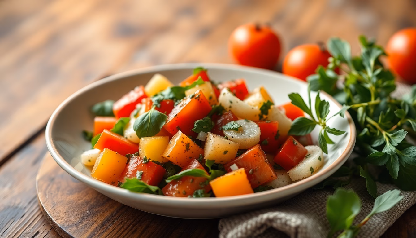 salade panzanella colorée avec sauce versée