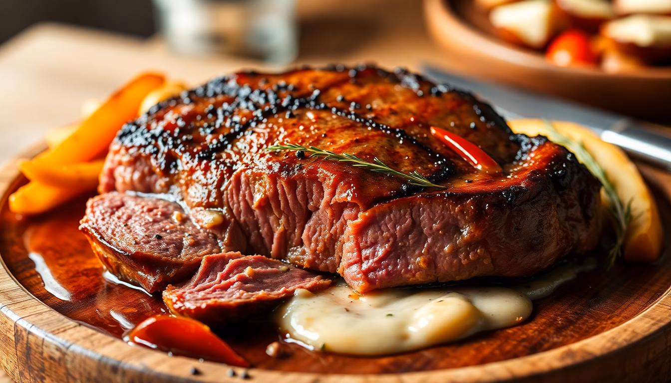 Une grande entrecôte de bœuf normand prête à être servie lors d'un festival gastronomique.