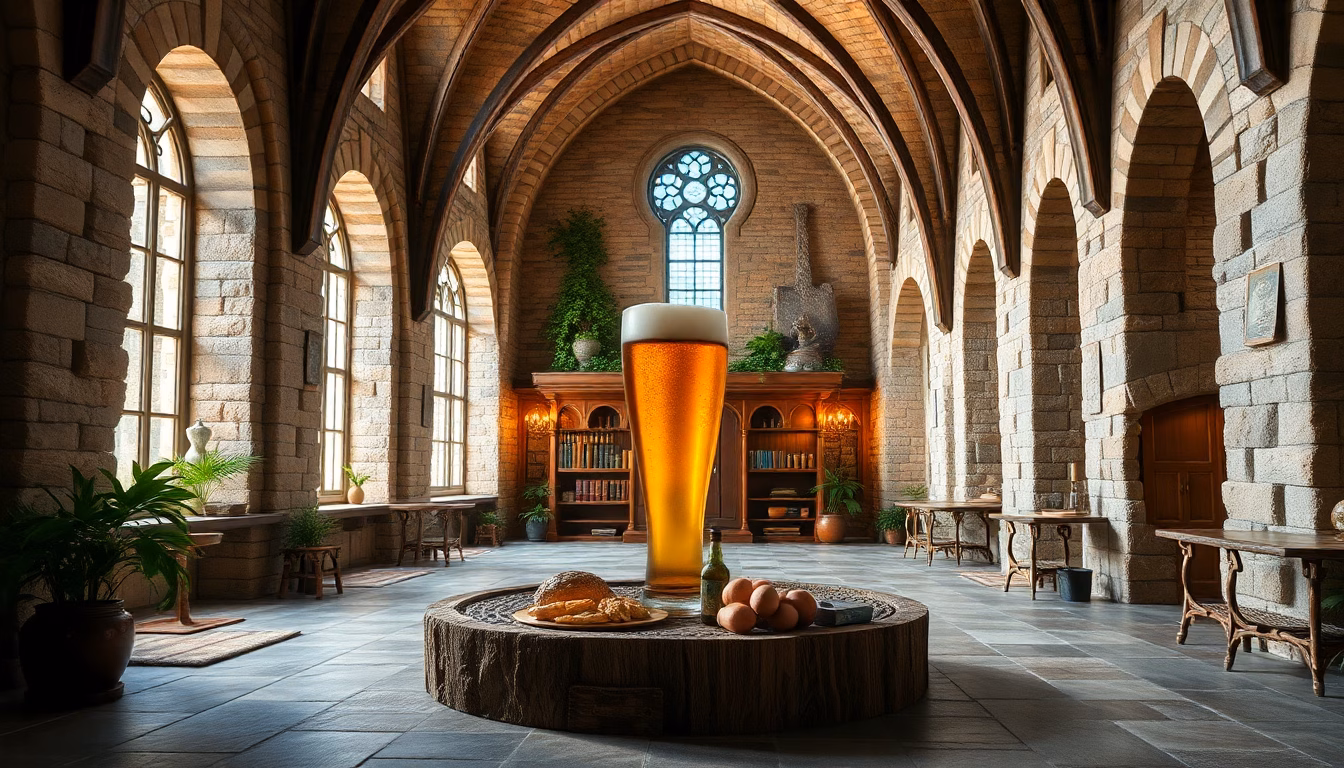 Intérieur de L'Abbaye des Bières avec des étagères remplies de bouteilles de bière et un décor rappelant un monastère.