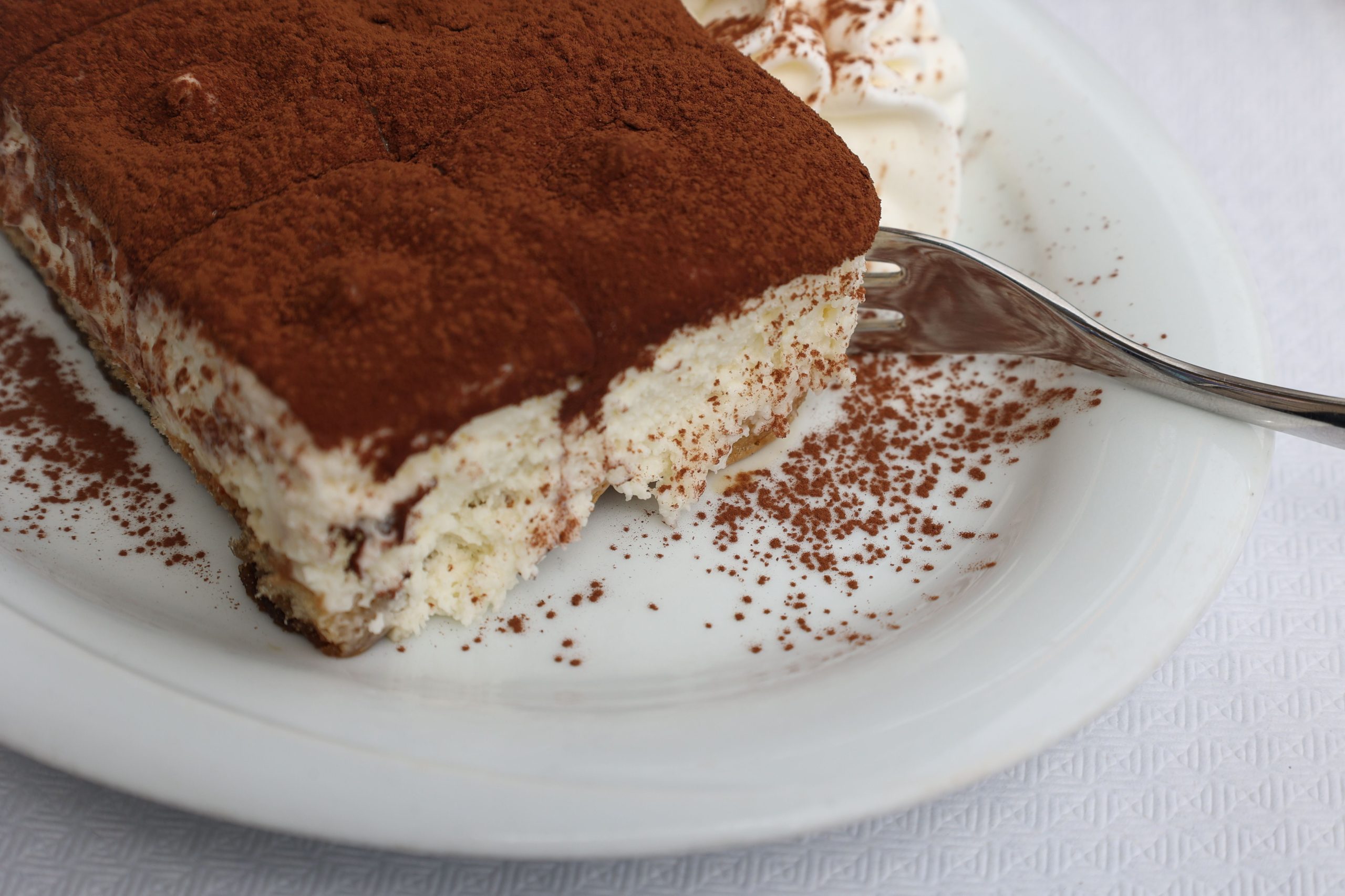 Tiramisu saupoudré de cacao sur assiette blanche